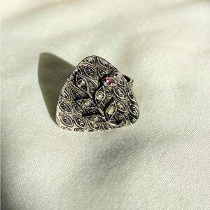 Vintage West Germany Signed Silver Tone Ring w Rhinestones Adjustable Floral